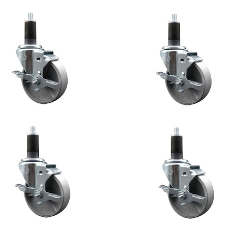Service Caster 4'' Semi Steel Swivel 1-1/4'' Expanding Stem Caster Set with Brake, 4PK SCC-EX20S415-SSR-TLB-114-4